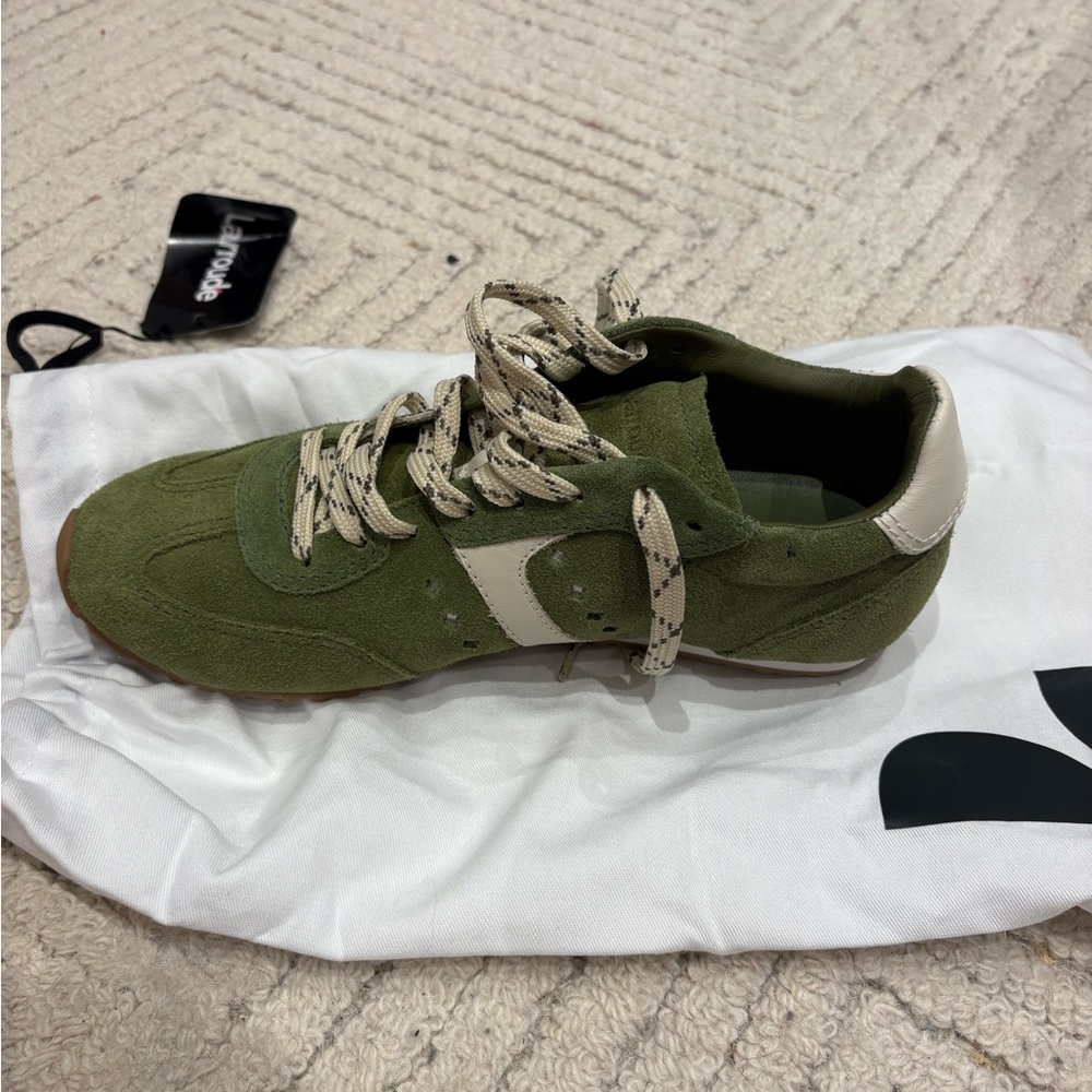 Larroude Stella Suede Sneakers in Seaweed Suede and Ivory Leather - Picture 11 of 11